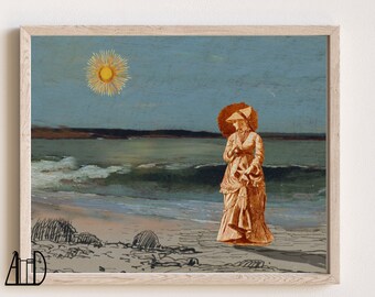 Seascape Beachy Collage Art Print, Victorian Beach Ocean Scene Poster, Unique Muted Collage Landscape Wall Decor 8x10 Physical Print