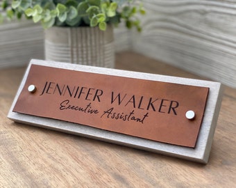 Handmade Wood & Leather Desk Name Plate, Custom