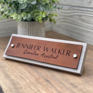 Handmade Wood & Leather Desk Name Plate, Custom