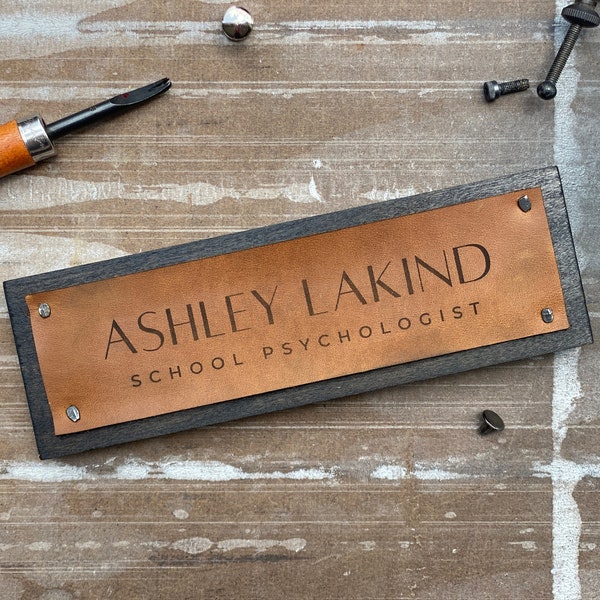 Handmade Wood & Leather Desk Name Plate, Custom