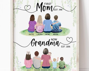 May include: A watercolor illustration of a family portrait with the text "First Mom Est. 1991" and "Now Grandma Est. 2016". The illustration shows a family of seven, with the mother in the center, surrounded by her children and grandchildren.