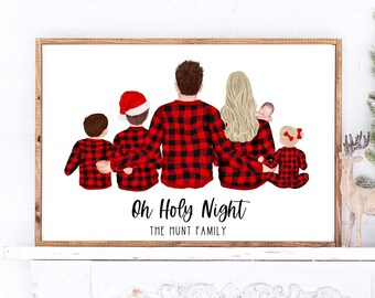 May include: A Christmas-themed family portrait featuring a family of five wearing red and black plaid pajamas. The text "Oh Holy Night" and "The Hunt Family" is printed below the family.