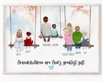 May include: A watercolor illustration of a family of eight on swings. The parents are in the back, and the six children are in front. The text "Grandchildren are God's greatest gift" is at the bottom of the image.
