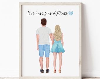 May include: A watercolor illustration of a couple holding hands, walking away from the viewer. The text "Love knows no distance" is written above them with a blue heart.
