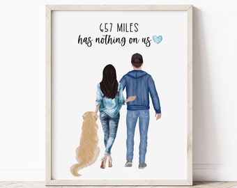 May include: A couple and their dog are walking away from the viewer. The couple is holding hands and the dog is walking beside them. The text on the print reads "657 miles has nothing on us" with a blue heart.