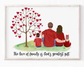 May include: A watercolor illustration of a family of four sitting in front of a tree with red hearts for leaves. The text "The love of family is God's greatest gift" is written below the family.