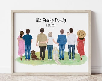 custom family portrait illustration with pets, family print, personalized family wall art, gifts for mom, gift for dad, Christmas gifts