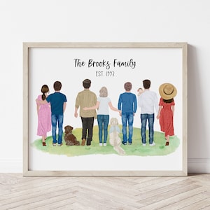custom family portrait illustration with pets, family print, personalized family wall art, gifts for mom, gift for dad, Christmas gifts