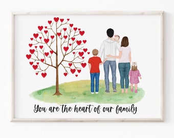 May include: A framed family portrait featuring a tree with red heart-shaped leaves, a family of five, and the text "You are the heart of our family." The family is standing on a green grassy area.