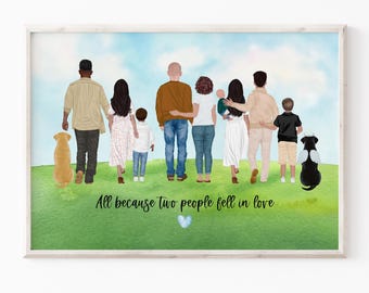 May include: A framed family portrait featuring a diverse group of people and two dogs on a green field, with a blue sky background. The text "All because two people fell in love" is written at the bottom.