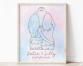 May include: A line drawing of two girls standing back to back with their arms around each other, making a heart shape with their hands. The girls are outlined in black against a watercolor background of pink and blue. The text "Katie & Lilly best friends" is written below the girls.
