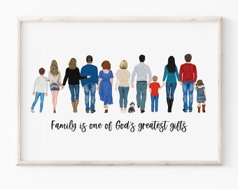 May include: A watercolor illustration of a family of 10 walking together, including a small dog. The family is walking away from the viewer, and the illustration is set against a white background. The text "Family is one of God's greatest gifts" is written below the family.