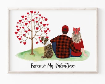 May include: A watercolor illustration of a couple sitting with their dog in front of a tree with red hearts. The text "Forever My Valentine" is written below the couple.
