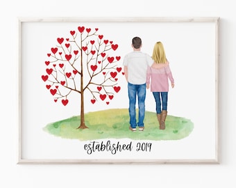 May include: A framed print featuring a couple walking near a tree with red heart-shaped leaves. The tree stands on a green hill. The words "established 2019" are written below the couple. The frame is light-colored.