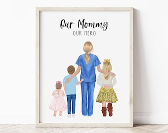 May include: Framed art print featuring a mother figure in blue scrubs with three children. The text "Our Mommy, Our Hero" is displayed above the figures. The children are wearing casual clothing, and the artwork has a light wood frame.