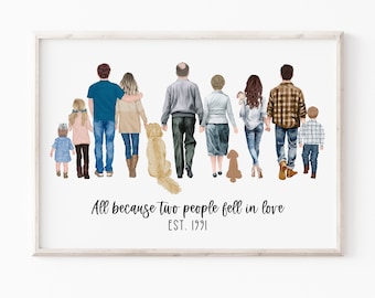 May include: A watercolor illustration of a family of eight walking together, including two dogs. The family is walking away from the viewer, and the text "All because two people fell in love EST. 1991" is printed below them.