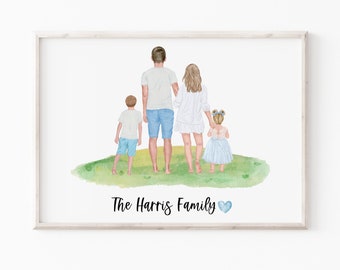 May include: A watercolor painting of a family of four walking away from the viewer. The family is made up of a man, a woman, a boy, and a girl. The family is wearing casual clothing and is walking on a grassy path. The text "The Harris Family" is written below the family.