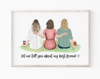 May include: Three women friends sitting together with their arms around each other. They are wearing casual outfits and are looking away from the camera. The text "Let me tell you about my best friend" is written below them.