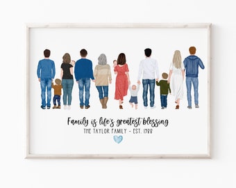 Op de afbeelding: Een aquarel-illustratie van een gezin van 10 personen dat samen loopt. Het gezin bestaat uit twee ouders, twee kinderen, twee grootouders en drie kleinkinderen. Het gezin loopt in een rij, met de ouders vooraan en de kinderen achteraan. De illustratie is geplaatst tegen een witte achtergrond. De tekst "Family is life's greatest blessing" staat onder het gezin. De tekst "The Taylor Family - Est. 1988" staat onder de eerste regel tekst.