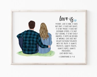 May include: A watercolor illustration of a couple sitting back to back on a green grassy hill. The text "Love is" is written in black at the top of the image. Below the text is a quote from 1 Corinthians 13:4-8 about the characteristics of love.