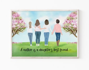 May include: A watercolor illustration of four women walking together in a field with pink flowering trees. The women are holding hands and smiling. The text "A mother is a daughter's best friend." is written at the bottom of the image.