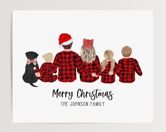 May include: A Christmas card featuring a family of five, including a dog, standing in red and black plaid pajamas. The text "Merry Christmas The Johnson Family" is printed below the family.