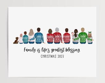 May include: A Christmas card featuring a family of 10, including a dog, wearing festive sweaters. The text reads "Family is life's greatest blessing. CHRISTMAS 2023."