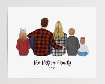 May include: A family portrait of a couple with two children. The family is sitting with their backs to the viewer. The father is wearing a red and black plaid shirt, the mother is wearing a black and white plaid shirt, and the children are wearing sweaters. The family is sitting in front of a white background. The text "The Halson Family 2023" is written below the family.
