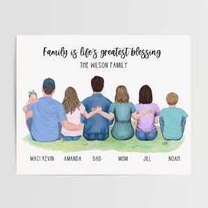 custom family portrait print, personalized wall art, birthday gift for mom, family portrait gift, family illustration, gift for dad