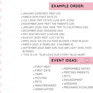 Puede incluir: Un gr&aacute;fico rosa y blanco con una lista de eventos y fechas para una l&iacute;nea de tiempo de relaci&oacute;n. El texto incluye "Ejemplo de orden" e "Ideas de eventos".