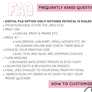 Puede incluir: Un gr&aacute;fico rosa y blanco con el texto "FAQ" en letras grandes y "FREQUENTLY ASKED QUESTIONS" en una fuente m&aacute;s peque&ntilde;a. El gr&aacute;fico enumera preguntas frecuentes sobre opciones de archivos digitales, impresi&oacute;n y plazos de entrega. El gr&aacute;fico tambi&eacute;n incluye un bot&oacute;n rosa que dice "HOW TO CUSTOMIZE" con una flecha curva que apunta hacia la derecha.