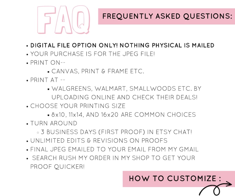 Puede incluir: Un gr&aacute;fico rosa y blanco con el texto "FAQ" en letras grandes y "FREQUENTLY ASKED QUESTIONS" en una fuente m&aacute;s peque&ntilde;a. El gr&aacute;fico enumera preguntas frecuentes sobre opciones de archivos digitales, impresi&oacute;n y plazos de entrega. El gr&aacute;fico tambi&eacute;n incluye un bot&oacute;n rosa que dice "HOW TO CUSTOMIZE" con una flecha curva que apunta hacia la derecha.
