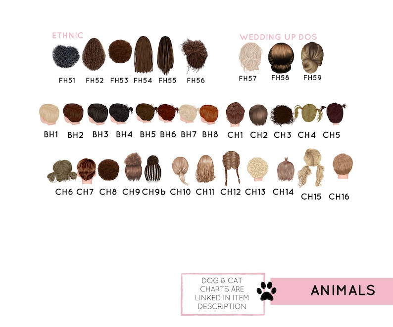 Puede incluir: Gr&aacute;fico de diferentes estilos de cabello y tonos de piel para crear avatares personalizados. El gr&aacute;fico est&aacute; etiquetado como "&Eacute;tnico" y "Recogidos de boda".