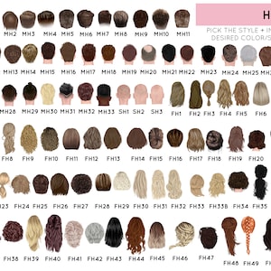 Puede incluir: Un gr&aacute;fico de 50 peinados diferentes para un avatar personalizable. Los peinados est&aacute;n numerados y etiquetados con las letras MH y FH. El gr&aacute;fico est&aacute; titulado "HAIR" e incluye el texto "PICK THE STYLE + INCLUDE DESIRED COLOR/SHADE".