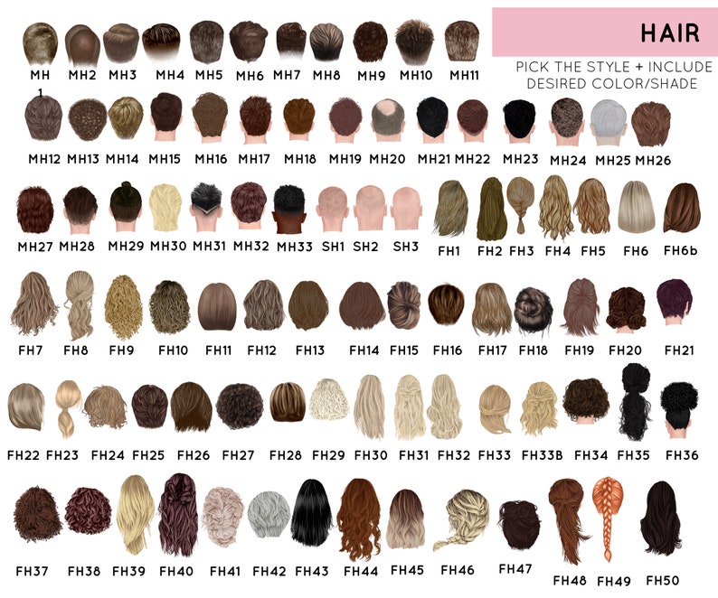 Puede incluir: Un gr&aacute;fico de 50 peinados diferentes para un avatar personalizable. Los peinados est&aacute;n numerados y etiquetados con las letras MH y FH. El gr&aacute;fico est&aacute; titulado "HAIR" e incluye el texto "PICK THE STYLE + INCLUDE DESIRED COLOR/SHADE".