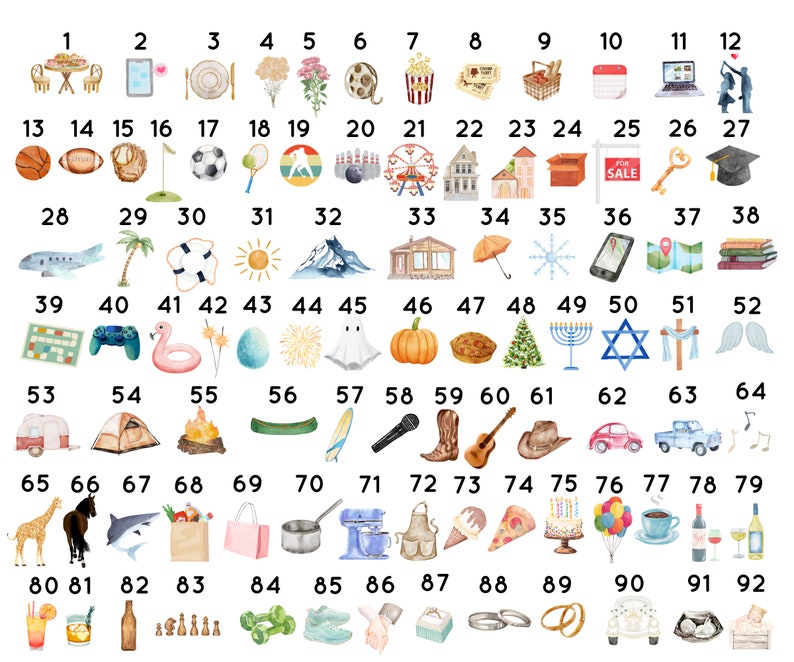 Puede incluir: Una ilustraci&oacute;n colorida de 92 iconos diferentes, cada uno representando una actividad o concepto diferente. Los iconos est&aacute;n dispuestos en una cuadr&iacute;cula y est&aacute;n numerados del 1 al 92. Algunos de los iconos incluyen una mesa con sillas, una computadora port&aacute;til, una pelota de baloncesto, un palo de golf, un avi&oacute;n, una palmera, un fantasma, una calabaza, una fogata, una jirafa, una botella de vino, un par de anillos de boda y un autom&oacute;vil.