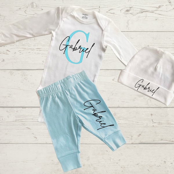 Custom Baby Boy Coming Home Outfit|Personalized Infant Outfit|Monogrammed Coming Home Set|Custom Name Bodysuit,Pants and Hat|Hospital Outfit