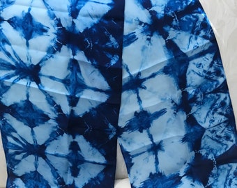 Blue Silk scarf tie dye Shibori design 11x60 inch