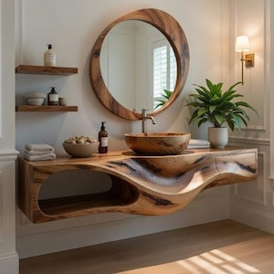 Rustic Lodge Floating Bathroom Vanity with Live Edge Design, Luxury Retreat Cabinet