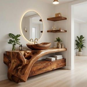 以下が含まれることがあります： ライブエッジデザインの木製洗面化粧台。ベッセルシンクと温かい光の丸い鏡が特徴です。洗面化粧台には2つの引き出しとタオル用の棚があります。部屋にはフローティングシェルフと鉢植えの植物があります。