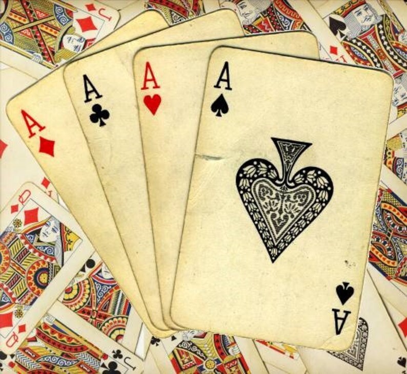May include: Four playing cards fanned out, showing the ace of spades, the ace of hearts, the ace of clubs, and the ace of diamonds. The cards are all in a vintage style with a worn, yellowed look.