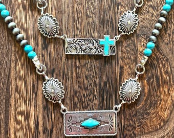 Collier De Poitrine Western Vintage – Conchos Argentés, Cuir Marron – Fabriqué Aux US