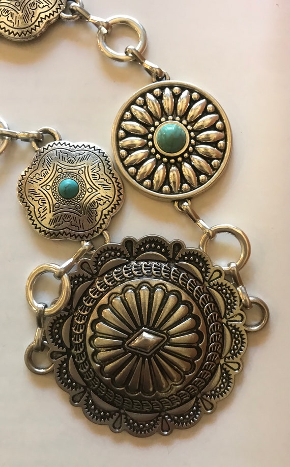 Silver Western Concho Belt: Cowgirl Chain, Turquoise Stone  display picture 2