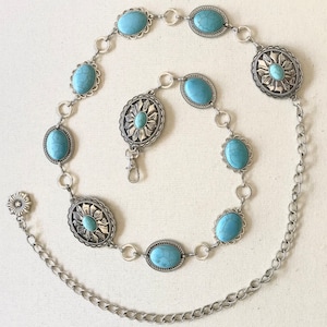 Silver Western Concho link chain belt  | Manmade turquoise  Metal Belt | Vintage  | Cowgirl chain beltGreat NFR accessory!