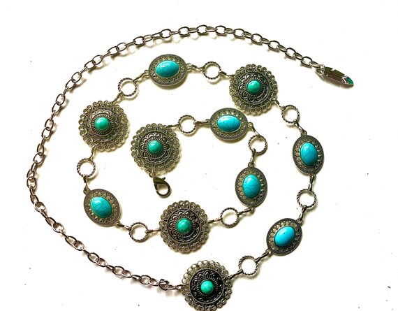 Western Concho Adjustable Chain Belt w Faux Turquoise in Silver OR Gold Western Concho Chain Belt: Turquoise, Howling Wolf, Cowgirl  main image 3