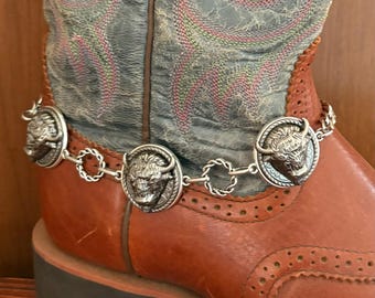 Western boot bracelet  | Buffalo head  Charm | Silver tone boot chain | Cowgirl cowboy  | Motorcycle boot