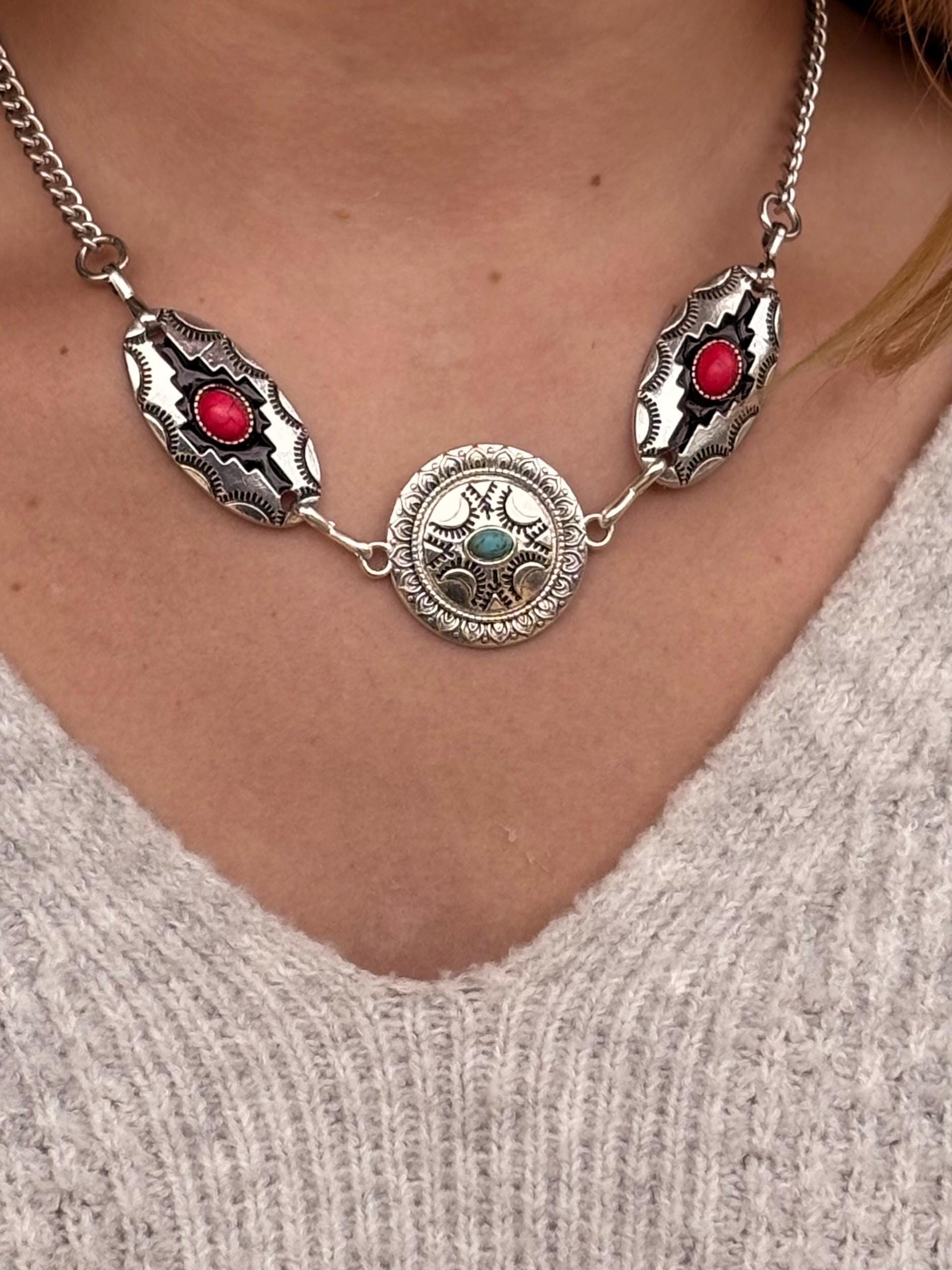 Set Gioielli Navajo Turchese Per Donna - Collana Con Fiocco, Girocollo E Orecchini A Cerchio - 5