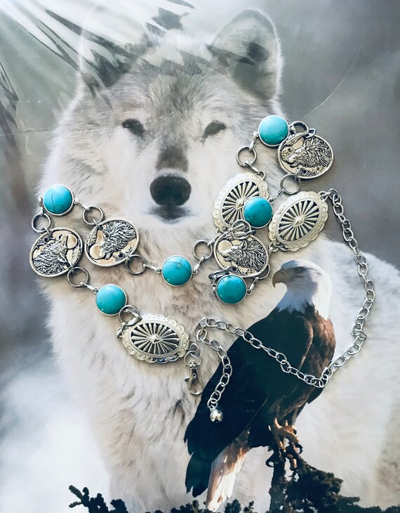 Vintage Concho Chain Belt with Turquoise cabochon stones One size Belt, A Vintage, Concho, Turquoise Vintage, Mid-Century, 981 main image 3