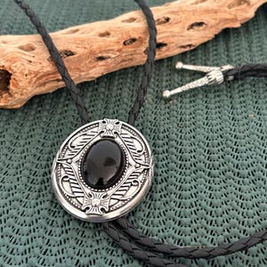 Silver Tone Bolo Tie – Black Stone Cowboy Necklace