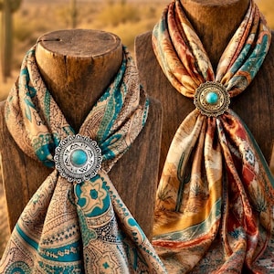 May include: Two silk scarves draped on wooden stands, each secured with a circular silver-toned metal slide featuring a central turquoise stone. One scarf displays a teal and beige paisley pattern, while the other features a desert landscape print.